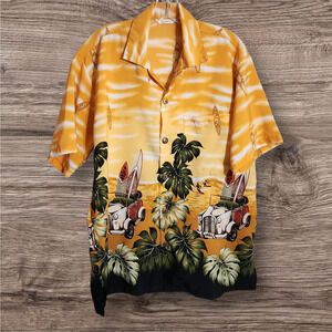 Vintage Uluwatu woody coupe surfboard print short sleeve Hawaiian shirt‎ men's L